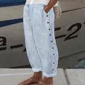 Pantalones informales de rayas verticales para mujer con cintura alta y botones laterales. - Blanco Azul