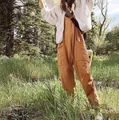 Relaxed fit women's ginger sleeveless overalls jumpsuit with large front pockets - S / Top And Bottom / Brown