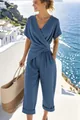 Combinaison bleue élégante à manches courtes avec taille plissée pour l'été - Bleu foncé
