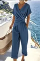 Elegant blue short sleeve jumpsuit with irregular pleated waist for summer fashion - Dark Blue