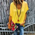 Women's bright yellow V-neck short sleeve T-shirt featuring a relaxed fit summer style - S / Tops / Yellow
