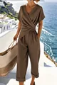 Elegant brown short-sleeved jumpsuit featuring an irregular wrap waist and loose pants - Coffee