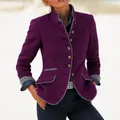 Elegante paarse wollen jas met opstaande kraag met knopen en contrasterende bies - S / Tops / Donkerpaars