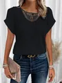 Women's black short sleeve t-shirt featuring elegant lace patchwork design details - Black