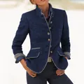 Stijlvolle blauwe dames blazer van wol met contrasterende grijze bies en knopen - Donkerblauw