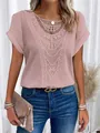 Elegant women's pink short sleeve T-shirt featuring intricate crochet lace patchwork - Pink