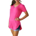 Detail view of women's bright pink V-neck short sleeve T-shirt with curved hem - Rose Red