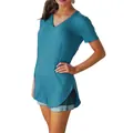 Detail view of a teal V-neck short-sleeved T-shirt for women with curved hem design. - Teal