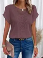 Mauve short sleeve T-shirt with elegant lace patchwork and waffle texture for women - Fuschia