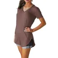 Detail view of a brown women's V-neck short-sleeve tunic T-shirt with a curved hem. - Brown