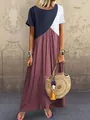 Bohemian women's summer geometric color-block maxi dress with short sleeves and round neck - S / Tops / Red