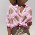 Pink graphic print blouse with lapel collar and buttons for women's autumn style - S / Tops / Pink