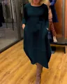 Elegantes waldgrünes Maxikleid mit Rundhalsausschnitt, Langarm und praktischen Seitentaschen - Marineblau