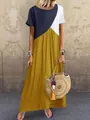 Geometric color-block patchwork maxi dress with short sleeves for summer beach wear. - S / Tops / Yellow