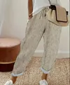 Gestreepte casual damesbroek met elastische taille en een losse, zomerse pasvorm - Khaki