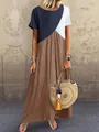 Detaillierte Ganzkörperansicht eines Sommer-Maxikleides mit geometrischem Farbblock-Patchwork - Khaki