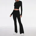 Elegant slim fit black long sleeve crop top and matching flared yoga leggings two-piece set - XS / Top And Bottom / Black