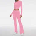 Elegant pink two-piece set with long-sleeve crop top and high-waisted flared pants - XS / Top And Bottom / Deep Pink