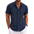 Detail view of navy blue men's linen short sleeve shirt featuring textured fabric - S / Tops / Navy Blue