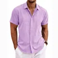 Men's light purple linen short sleeve shirt with breathable texture and casual fit - S / Tops / Purple