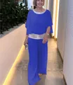 Elegant blue two-piece set with sequin details and wide-leg trousers for women - S / Top And Bottom / Blue