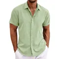Detail view of a men's sage green linen short-sleeved button-down beach shirt - S / Tops / Yellow-Green