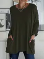 T-shirt à manches longues décontracté vert armée pour femmes avec poches latérales - Vert Militaire