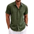 Macro view of olive green linen short sleeve shirt on model with visible fabric texture - S / Tops / Army Green