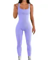 Full body view of a women's sleeveless ribbed square neck bodysuit in light purple - S / Top And Bottom / Purple