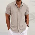 Premium men's short sleeve linen shirt in sand color for a relaxed summer style - S / Tops / Khaki