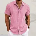 Men's casual pink linen short sleeve shirt with button-down collar and slim fit - S / Tops / Deep Pink
