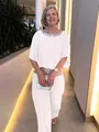 Elegant white women's two-piece set featuring sequin neckline and batwing sleeves detail - S / Top And Bottom / White