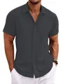Detailed macro shot of men's dark grey short-sleeve linen shirt showing fabric texture - S / Tops / Slate Gray