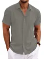 Detailed view of men's gray linen short-sleeved shirt featuring a classic collar design - S / Tops / Olive Green