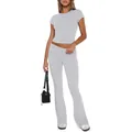 Fashionable two-piece grey ribbed crop top and high-waisted flared leggings set for women - XS / Top And Bottom / Short Sleeve Light Gray