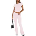 Pink solid color two-piece lounge set with short sleeve top and flared leggings - XS / Top And Bottom / Short Sleeve Pink