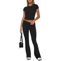 Women's minimalist black two-piece set featuring short-sleeved crop top and flare pants - XS / Top And Bottom / Short Sleeve Black