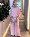 Elegant women's pink sequin batwing top and matching wide-leg pants two-piece set - S / Top And Bottom / Pink