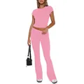 Solid pink two-piece set with short sleeve crop top and flared leggings for women. - XS / Top And Bottom / Short Sleeve Deep Pink