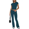 Chic dark teal two-piece set featuring a crewneck t-shirt and flared trousers. - XS / Top And Bottom / Short Sleeve Deep Blue