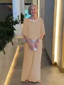 Elegant apricot sequin batwing sleeve top and matching wide-leg pants set for women - Khaki