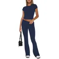 Stylish navy blue women's two-piece set featuring short sleeve top and flare pants. - XS / Top And Bottom / Short Sleeve Navy Blue