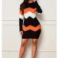 Stylish long sleeve round neck bodycon mini dress with orange and white chevron stripes - S / Bottoms / Orange