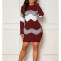 Close-up of a knitted bodycon dress featuring a stylish burgundy chevron pattern. - S / Bottoms / Burgundy