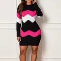 Detail of long sleeve knit bodycon dress with vibrant pink and black chevron pattern - S / Bottoms / Pink