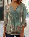 Elegant floral print women's V-neck blouse with decorative buttons and pleats. - Dark Green Floral