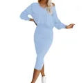 Women's light blue two-piece knitted set featuring a V-neck sweatshirt and midi skirt - S / Top And Bottom / Light Blue