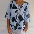 Blouse décontractée pour femmes en coton et lin à fleurs bleu clair avec col en V - Bleu clair