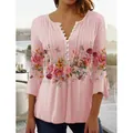 Elegant women's pink V-neck floral print blouse featuring pleated front and button details - S / 上装(7758) / Pink