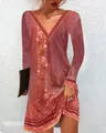 Elegante abito casual a maniche lunghe con scollo a V e stampa floreale etnica rossa - Taglia S / Top / Maniche lunghe / Rosso